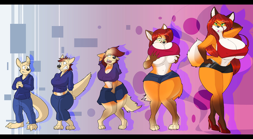 2017 abstract_background canine clothed clothing digitigrade dracojeff female footwear fox fur gender_transformation green_eyes hair high_heels kangaroo looking_at_viewer male mammal marsupial null orange_fur plantigrade red_hair shoes skimpy tan-fur transformation