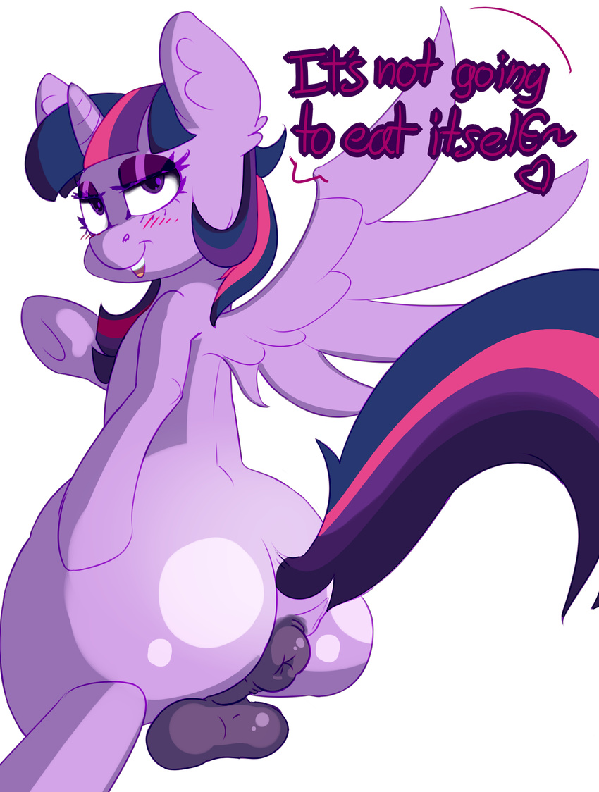 &lt;3 2017 anatomically_correct animal_genitalia anus balls big_butt blush butt dock equine feral friendship_is_magic horn horse mammal my_little_pony pony presenting puffy_anus sitting solo squishy_kitty_(artist) twilight_sparkle_(mlp) winged_unicorn wings