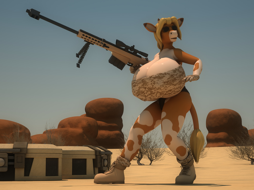 2017 3d_(artwork) annabelle_cow anthro anthroanim big_breasts blonde_hair bovine breasts cattle clothed clothing desert digital_media_(artwork) eyewear female fur gun hair hi_res holding_object holding_weapon horn huge_breasts mammal outside pose ranged_weapon rifle sand scope sniper_rifle solo standing sunglasses weapon