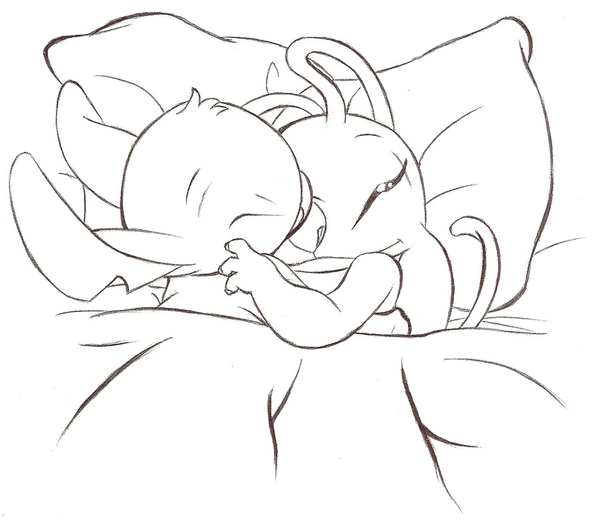 2011 alien angel_(lilo_and_stitch) antennae bed bedding blanket claws cropped cuddling disney duo experiment_(species) eyes_closed fur greyscale head_tuft lilo_and_stitch line_art monochrome notched_ear pillow romantic_couple smile squint stitch stitchthebitch traditional_media_(artwork) tuft
