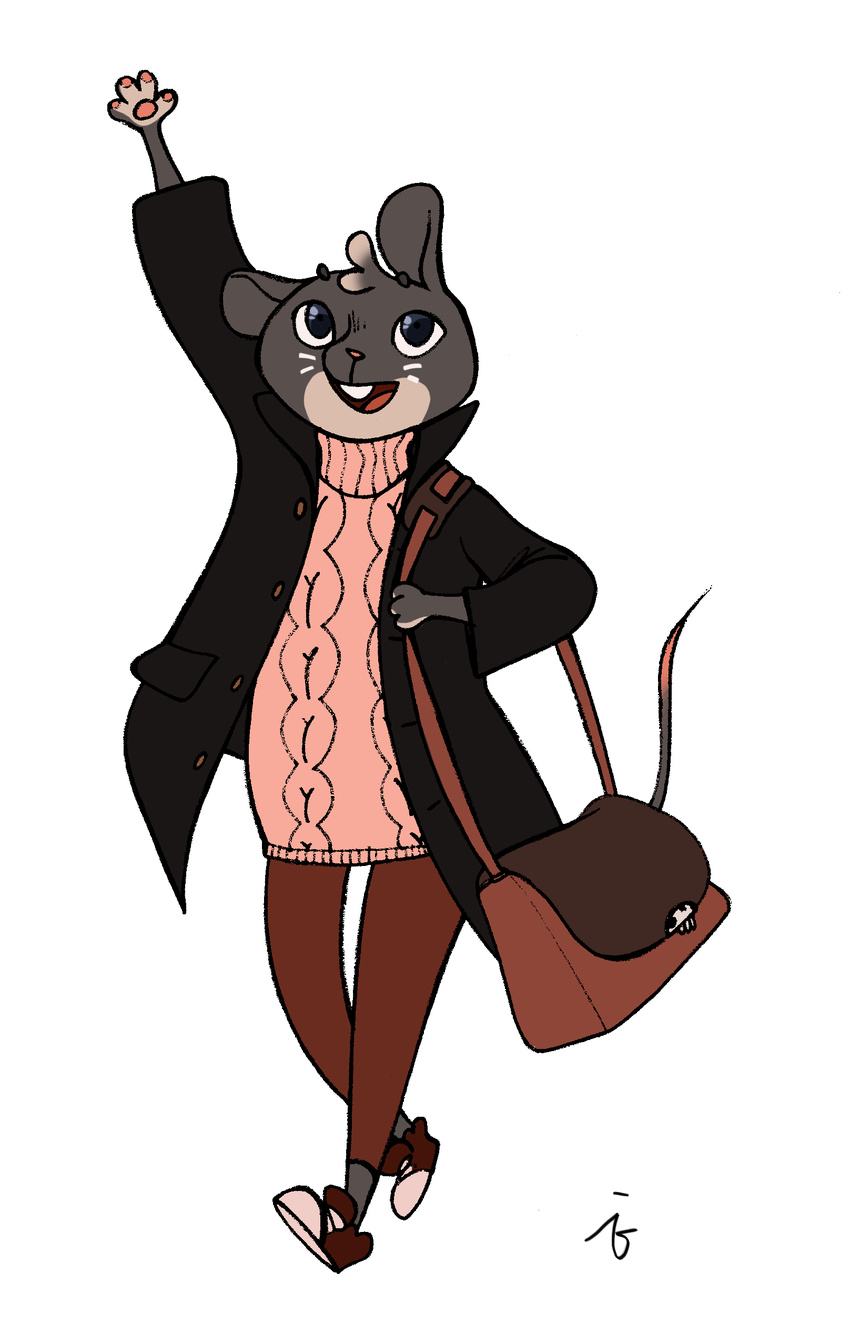 2017 alinaisrafilova anthro bag clothed clothing coat cute daww eyebrows footwear fully_clothed fur grey_fur jacket lori_m._(nitw) mammal mouse night_in_the_woods pants pawpads purse rodent shoes sneakers sweater tuft two_tone whiskers