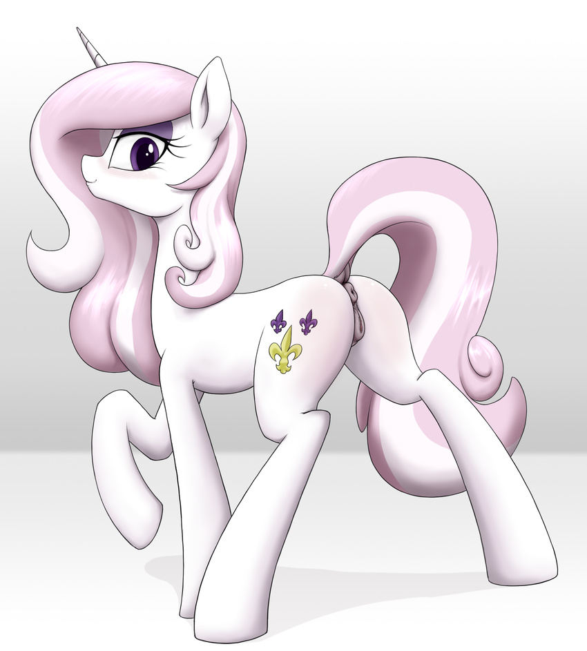 2017 anatomically_correct anatomically_correct_pussy anearbyanimal animal_genitalia animal_pussy anus bedroom_eyes blush butt cutie_mark equine equine_pussy female feral fleur_de_lis_(mlp) friendship_is_magic grey_background hair half-closed_eyes horn looking_at_viewer mammal multicolored_hair my_little_pony pussy seductive simple_background solo two_tone_hair unicorn unicorn_horn