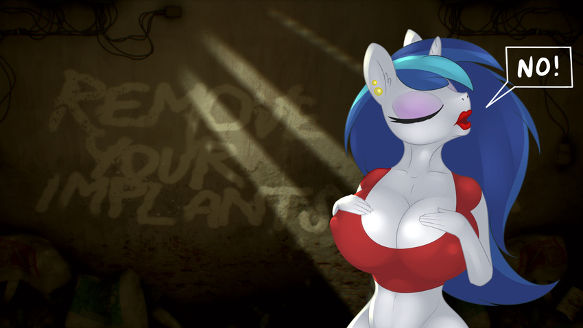 anthro belly breasts clothing crossover digital_media_(artwork) ear_piercing eqamrd equine friendship_is_magic hair horn horse implants intersex jewelry lipstick makeup male mammal my_little_pony piercing pony screencap silicone text the_observer unicorn