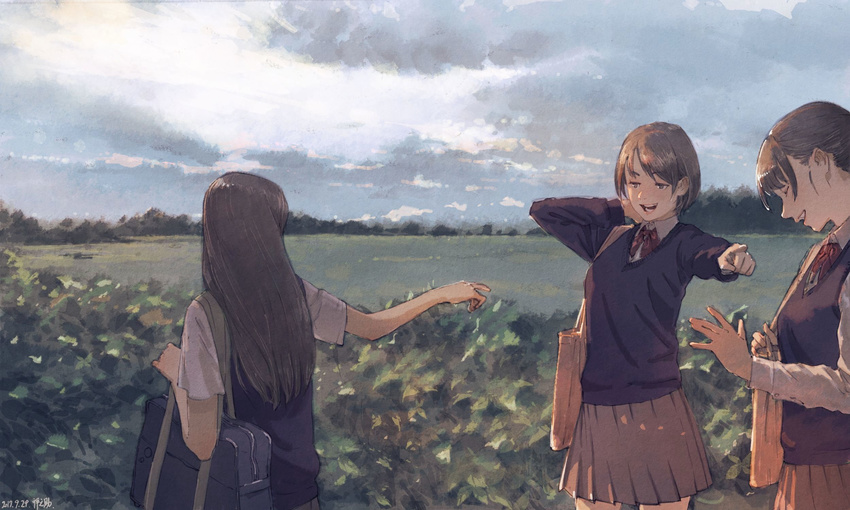 arm_up arms_up bag black_hair black_skirt bow bowtie brown_skirt closed_eyes cloud cloudy_sky collared_shirt commentary_request day grass highres horizon long_hair long_sleeves multiple_girls open_eyes open_mouth original outdoors pleated_skirt pointing profile red_bow red_neckwear scenery school_bag school_uniform shirt short_hair short_sleeves skirt sky sunlight white_shirt zennosuke
