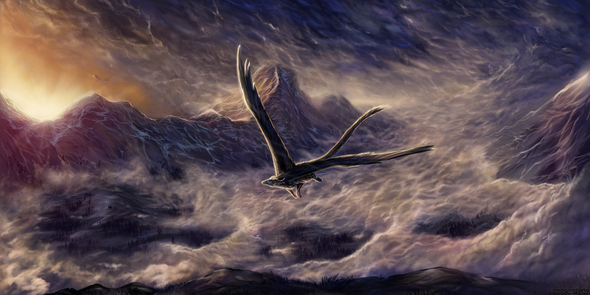 amazing_background avelos_(character) day detailed_background dragon feathered_dragon feathers feral flying fur furred_dragon isvoc outside solo