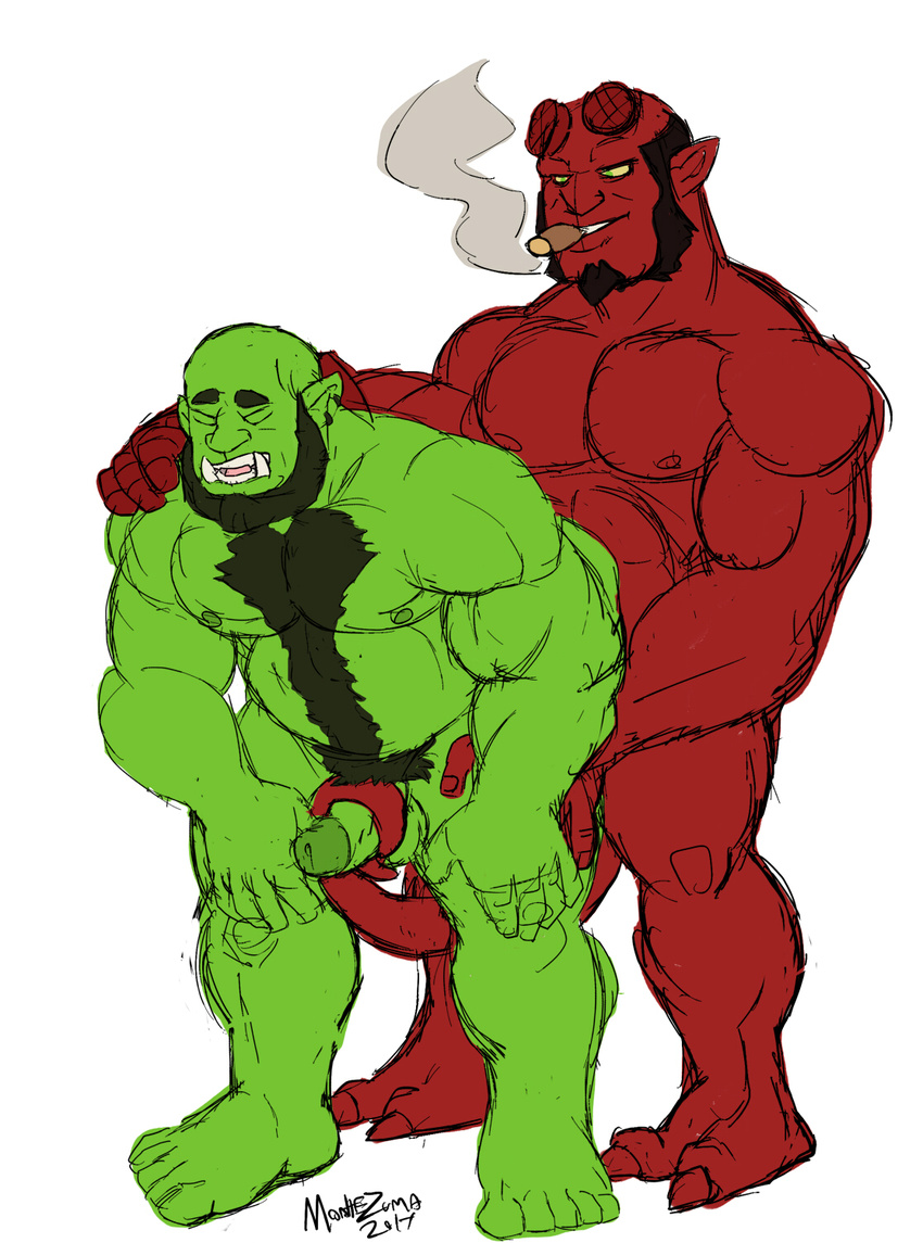 2017 all_fours cigar doggystyle erecion from_behind_position hellboy_(character) humanoid montezuma_(artist) musclechub nipples orc pecs sex simple_background smoking tail_on_penis tusks