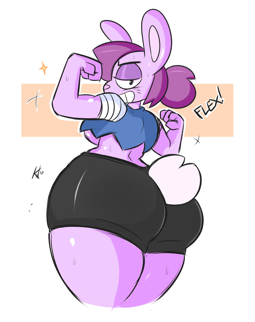 2017 4_fingers anthro athletic bandage big_butt black_eyes breasts butt cartoon_network clothed clothing cocky crop_top english_text enid female fist flexing fur grin hair hair_bun half-closed_eyes hi_res kilinah lagomorph looking_at_viewer mammal midriff muscular ok_k.o.!_let's_be_heroes pink_nose pose purple_fur purple_hair rabbit raised_arm rear_view shiny shirt shorts signature simple_background skimpy smile solo sparkle standing sweat teeth text thick_thighs tight_clothing under_boob voluptuous whiskers white_background wide_hips