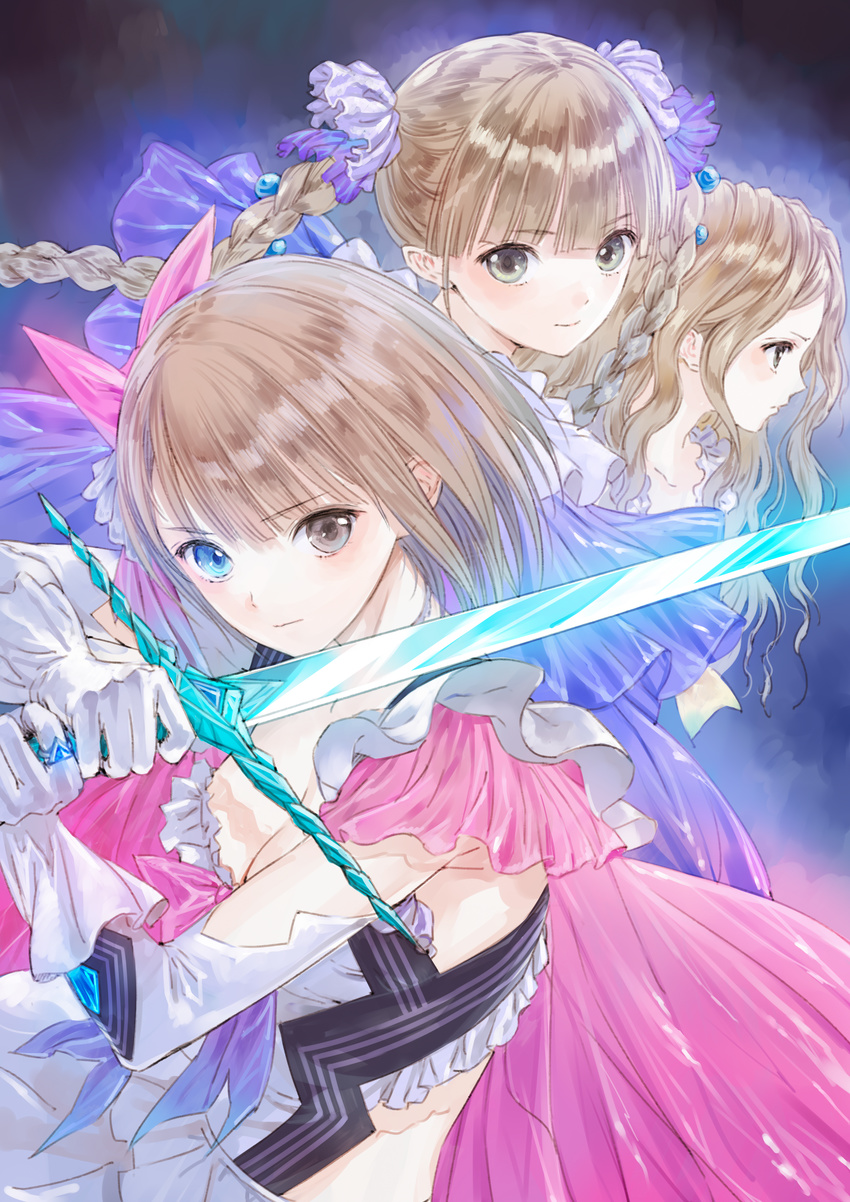 absurdres bangs blue_reflection breasts brown_hair cleavage dress eyebrows_visible_through_hair frills gloves hair_ornament heterochromia highres holding holding_weapon huge_filesize jewelry kishida_mel long_hair looking_at_viewer magical_girl medium_breasts multiple_girls official_art ring shijou_raimu shijou_yuzuki shirai_hinako short_hair simple_background sleeveless sword twintails weapon white_gloves