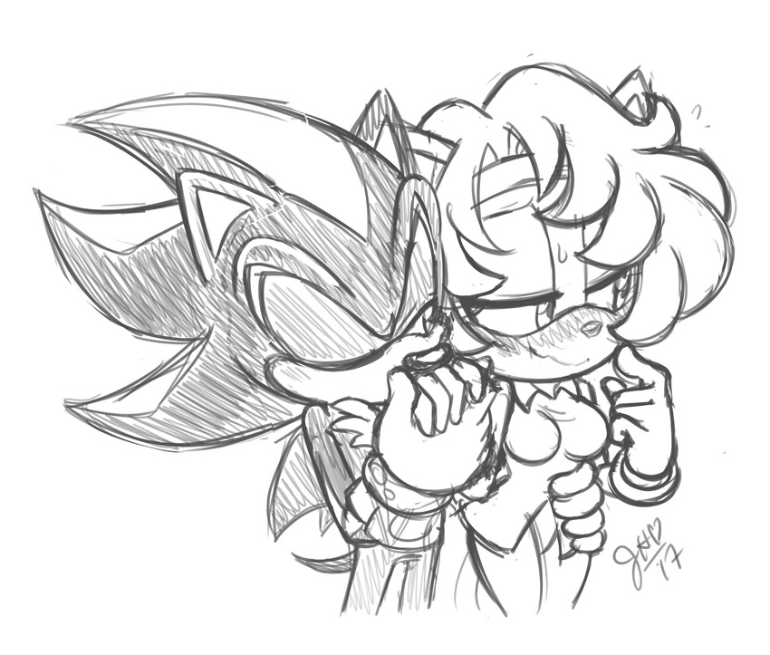 2017 blush bottomless cat chibi-jen-hen clothed clothing duo feline female hand_on_hip hedgehog jade_the_cat kissing_hand male male/female mammal nervous one_eye_closed romantic_couple shadow_the_hedgehog sonic_(series) wide_hips