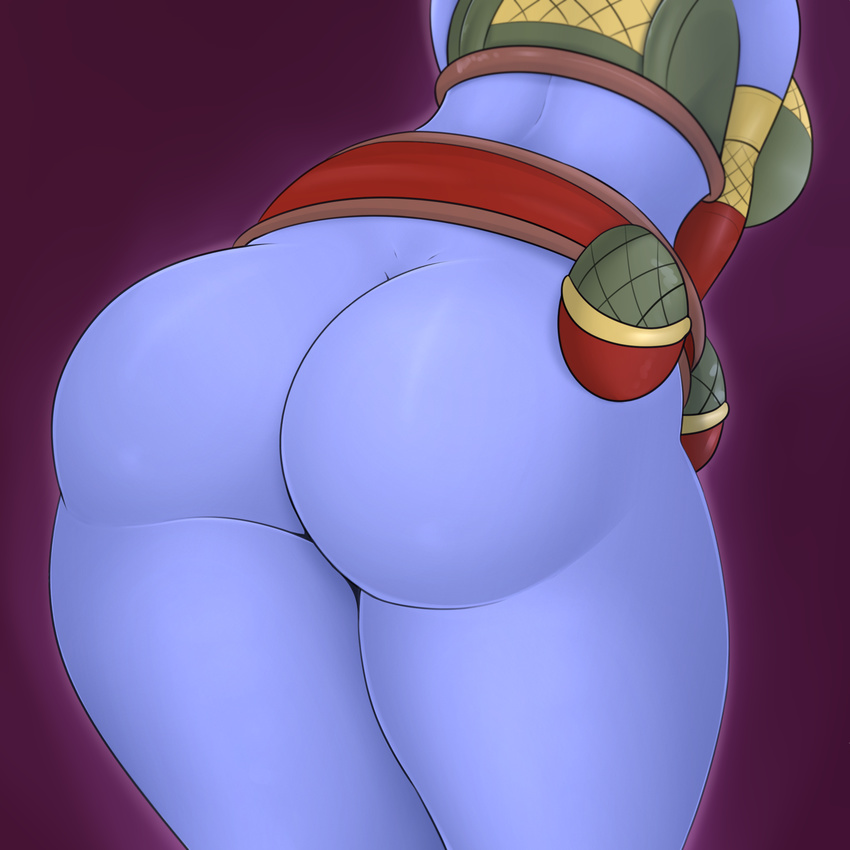 belt big_butt blue_skin booponies bottomless breasts butt butt_focus clothed clothing female half_naked hi_res league_of_legends non-human rear_view riot_games side_boob solo standing thick_thighs tristana_(lol) video_games yordle