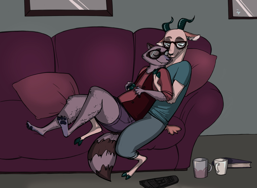 absurd_res alinaisrafilova ambiguous_gender caprine clothed clothing cole_(nitw) cuddling cute_fangs duo ear_piercing eyes_closed eyewear facial_piercing glasses goat hi_res hooves horn inside jackie_(nitw) male male/ambiguous mammal night_in_the_woods pawpads piercing raccoon romantic_couple smile sofa