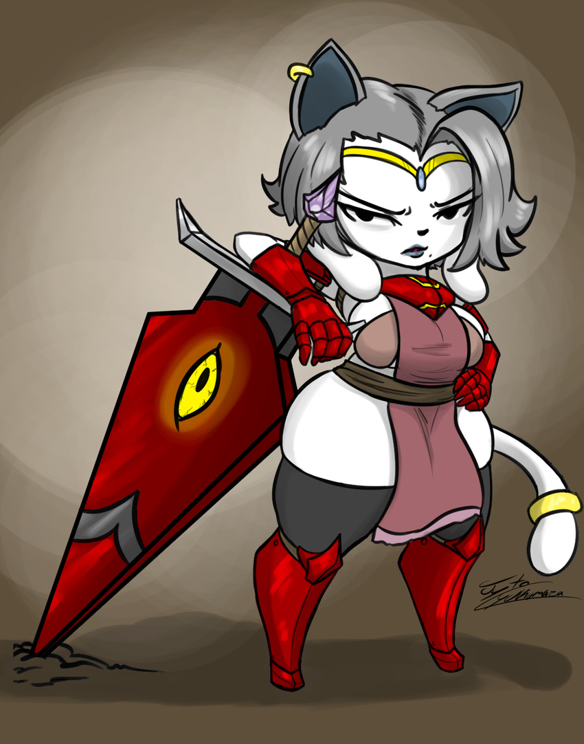 2017 anthro armor breasts canine cat clothed clothing digital_media_(artwork) dog feline female fur hair jyto knight looking_at_viewer mammal melee_weapon simple_background sword tem temmie_(undertale) undertale video_games weapon white_fur