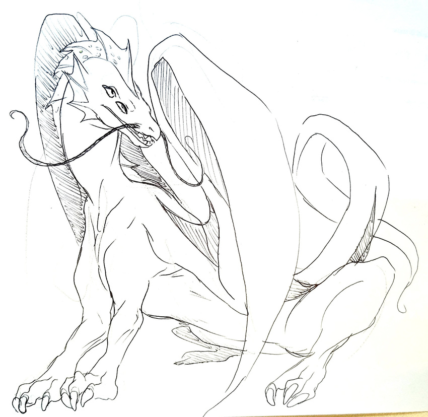 4_fingers 4_toes ambiguous_gender dragon dragonstache feral fin head_fin membranous_wings multi_eye quas_naart sitting sketch slim solo spots thestory toes wings