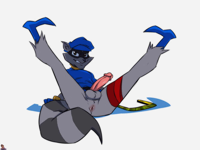 absurd_res anthro anus balls bottomless butt clothed clothing crazedg edit erection fur grin hat hi_res humanoid_penis legs_up looking_at_viewer lying male mammal naughty_face on_back penis perineum pinup pose presenting raccoon reclining signature sly_cooper sly_cooper_(series) smile solo spread_legs spreading striped_tail stripes video_games