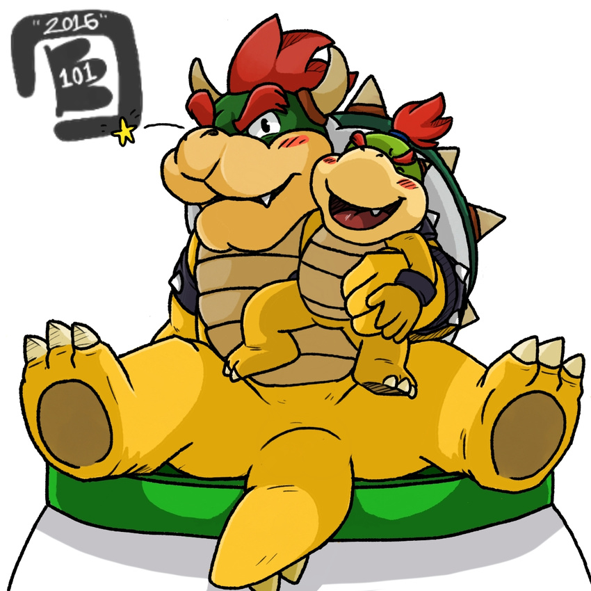 2016 3_toes 4_fingers beige_scales black_eyes blush bowser bowser_jr. bowserboy101 claws cub digital_media_(artwork) fangs father father_and_son featureless_crotch green_scales hair hand_on_body happy hi_res horn koopa looking_at_viewer male mario_bros nintendo one_eye_closed open_mouth parent red_hair scales scalie signature simple_background sitting size_difference son spiked_bracelets toes video_games white_background wink yellow_scales young