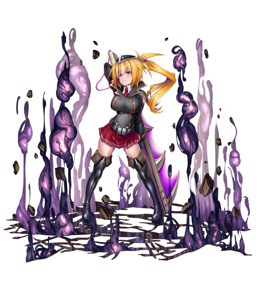 00s 1girl asahi aura blonde_hair breasts donna_barows female full_body gloves hat large_breasts lilith-soft long_hair looking_at_viewer ponytail purple_eyes serious shiny shiny_skin skirt solo sword taimanin_(series) taimanin_asagi taimanin_rpgx weapon