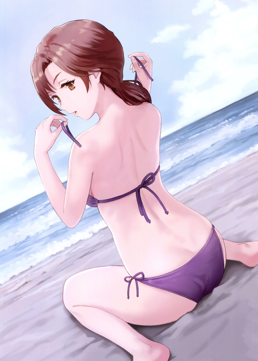 absurdres bare_shoulders beach bikini brown_eyes brown_hair cloud day dutch_angle from_behind highres idolmaster idolmaster_cinderella_girls kawashima_mizuki long_hair meto31 ocean open_mouth outdoors purple_bikini side-tie_bikini sitting sky solo swimsuit untied untied_bikini