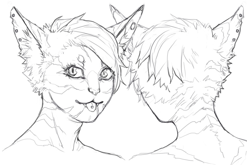 ambiguous_gender anthro daryabler ear_piercing eyelashes feline greyscale looking_at_viewer mammal monochrome piercing sketch solo tongue tongue_out tongue_piercing