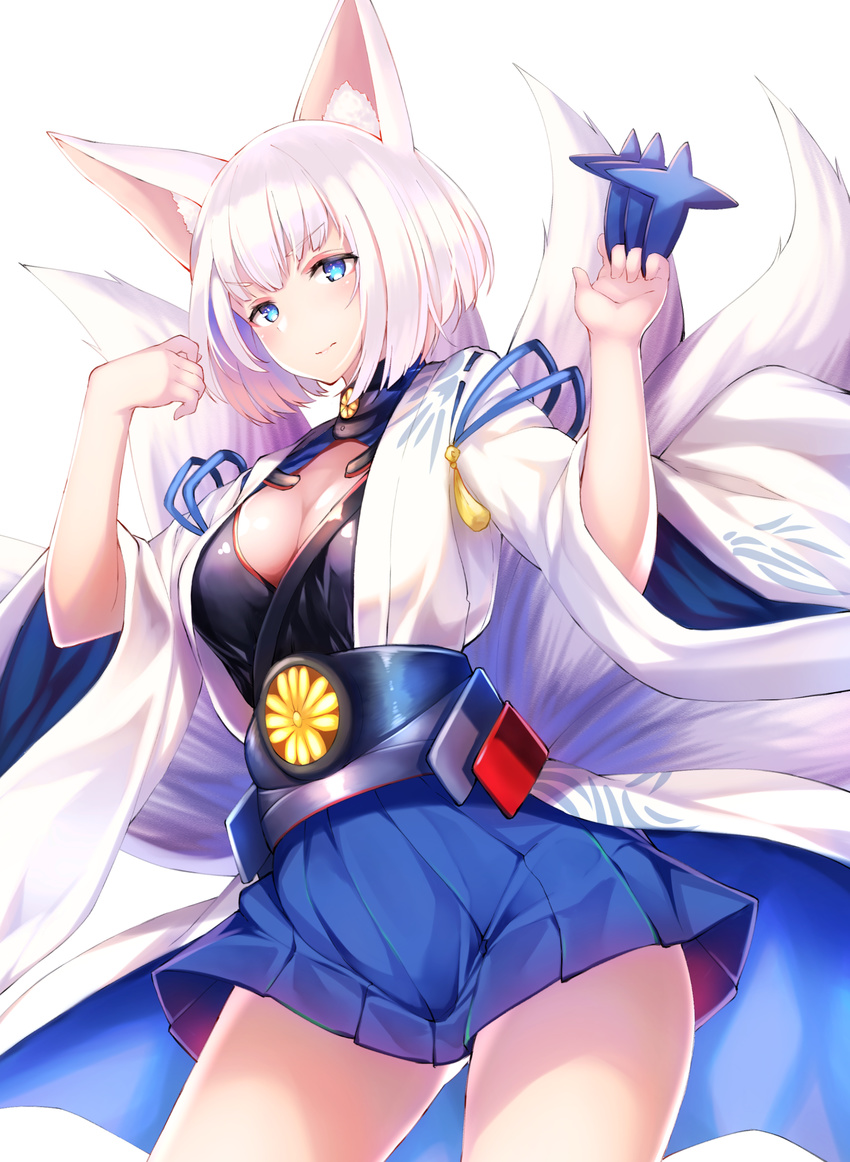 3: animal_ears azur_lane bangs between_fingers blue_eyes blue_skirt bob_cut breasts closed_mouth commentary_request cowboy_shot eyebrows_visible_through_hair fox_ears fox_tail hakama_skirt hands_up highres kaga_(azur_lane) kyuubi large_breasts looking_at_viewer multiple_tails obi pleated_skirt sash short_hair sidelocks silver_hair simple_background skirt solo tail thighs tobimura white_background white_hair