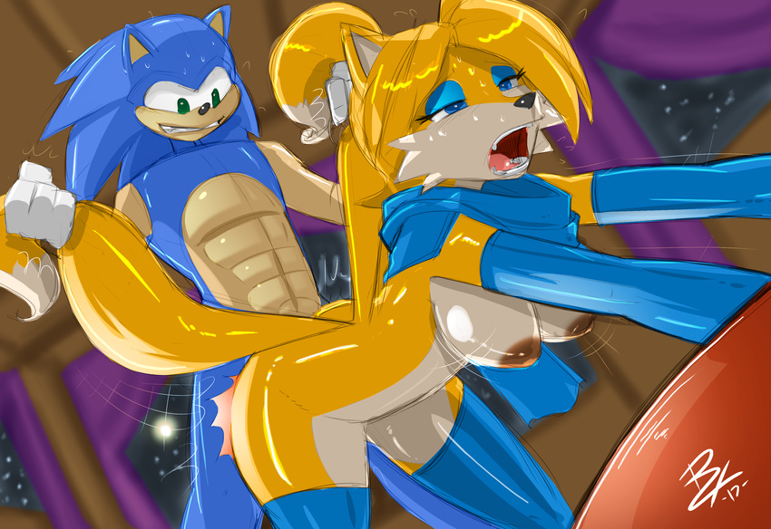anal anthro armwear breasts bridal_gauntlets canine cleavage clothed clothing collar copyright crossgender cum eyeshadow fan_character female fox gloves invalid_tag leash leggings legwear makeup mammal miles_prower pussy scarf sex shonuff shonuff44 simple_background solo_focus sonic_(series) spread_legs spreading thigh_highs