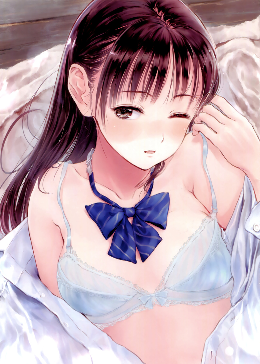 absurdres black_eyes blue_bow blue_bra blue_neckwear bow bowtie bra breasts brown_hair dress_shirt fujita_hidetoshi highres long_hair one_eye_closed open_clothes open_mouth open_shirt original shirt small_breasts solo striped striped_bow striped_neckwear underwear upper_body white_shirt