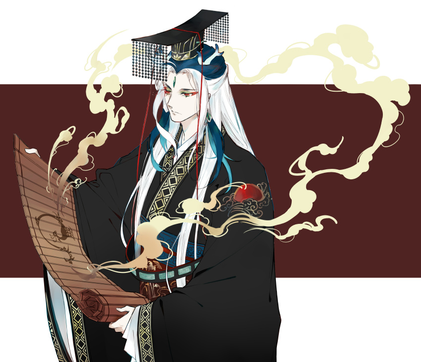absurdres alternate_costume artist_request fate/grand_order fate_(series) hat highres horns long_hair makeup multicolored_hair qin_shi_huang_(fate/grand_order) red_eyes robe scroll smoke very_long_hair