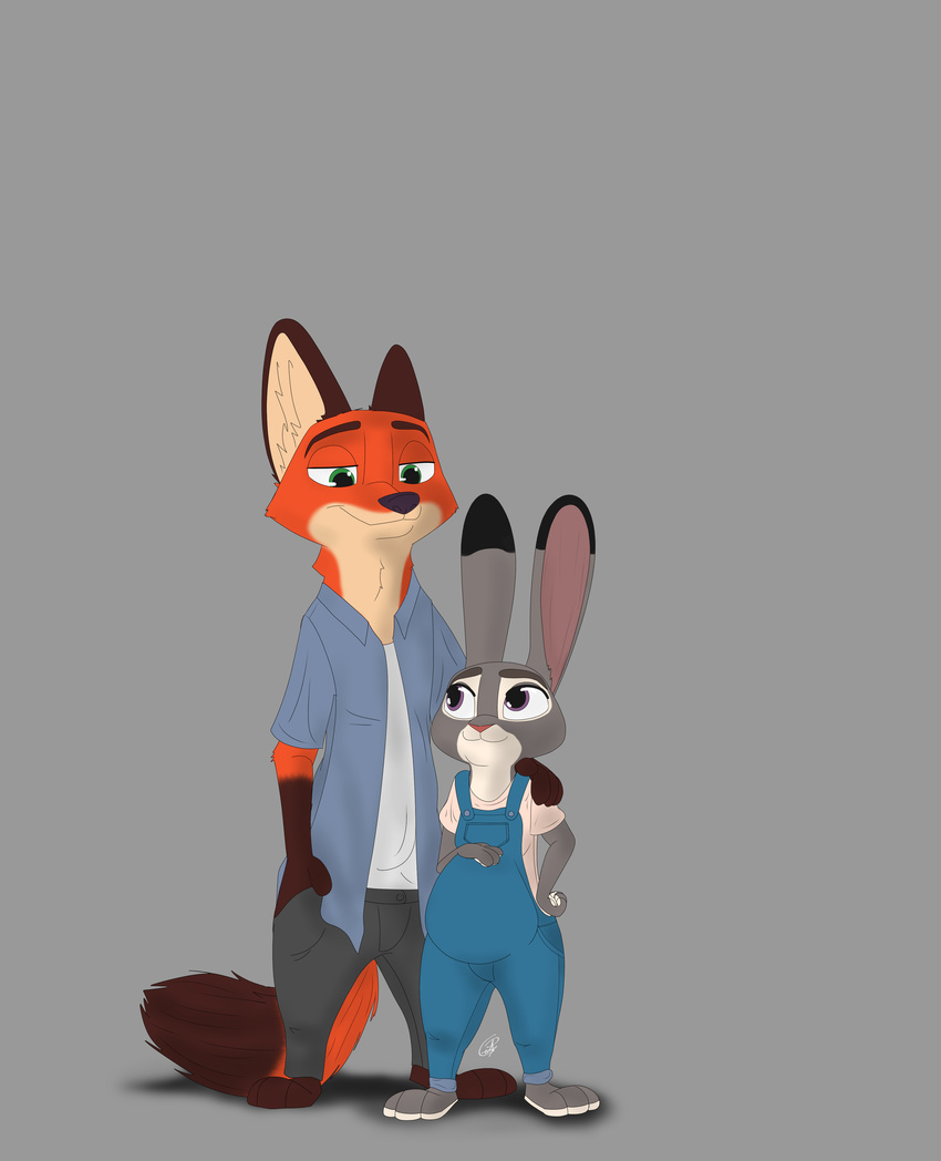 absurd_eyes anthro canine clothed clothing colored disney female fox i_ship_it_real_hard judy_hopps lagomorph male mammal nick_wilde pregnant rabbit romantic_couple simple_background simple_shading smile solid_color standing zootopia