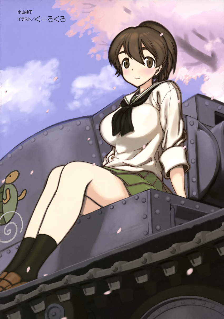 absurdres arm_support artist_name bangs black_legwear black_neckwear blouse blush breasts brown_eyes brown_footwear brown_hair caterpillar_tracks character_name cherry_blossoms closed_mouth cloud cloudy_sky day emblem girls_und_panzer green_skirt ground_vehicle highres koyama_yuzu kuuro_kuro large_breasts legs light_smile loafers long_sleeves looking_at_viewer military military_vehicle miniskirt motor_vehicle neckerchief on_vehicle ooarai_school_uniform outdoors panzerkampfwagen_38(t) petals pleated_skirt ponytail school_uniform serafuku shoes short_hair short_ponytail sitting skirt sky sleeves_rolled_up socks solo swept_bangs tank thighs translated tree turtle white_blouse
