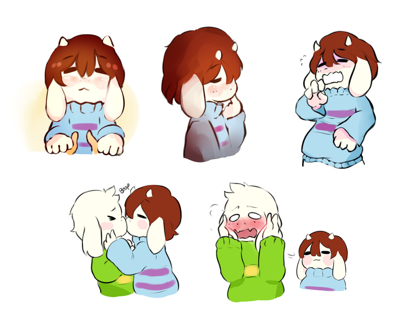 &gt;_&lt; 1other :&lt; :3 androgynous animalization asriel_dreemurr blush blush_stickers brown_hair caribun closed_eyes commentary fangs finger_to_mouth frisk_(undertale) furry hair_between_eyes highres holding_ears horns kiss monster_boy no_humans o_o open_mouth simple_background striped striped_sweater sweater undertale wavy_mouth white_background yawning