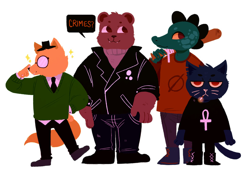 0 2017 angus_(nitw) ankh anthro au bandage baseball_bat bea_(nitw) bear black_nose blouse boots brown_eyes brown_fur brown_irises button_(disambiguation) canine cat cigarette clothes_swap clothing crocodilian cute daww eyewear fangs fedora feline footwear fox fur glasses gregg_(nitw) group hat jacket lace leather leather_jacket light mae_(nitw) makeup mammal necktie night_in_the_woods null_symbol pants pins pockets rag reptile rolled-up_sleeves scalie shirt side_view smoke smoking swap_au sweater teeth threehairs_(artist) turtleneck under_shirt whiskers