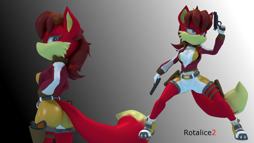 2017 anthro archie_comics breasts butt canine clothed clothing digital_media_(artwork) female fiona_fox fox fur gloves gun hair handgun holding_object holding_weapon looking_at_viewer mammal ranged_weapon red_fur simple_background smile solo sonic_(series) standing weapon