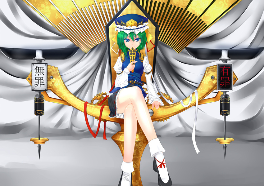 balance_scale bare_legs blue_eyes crossed_legs floral_print green_hair hat inu3 legs naughty_face ribbon rod_of_remorse shiki_eiki short_hair sitting skirt smile socks solo throne touhou translated weighing_scale