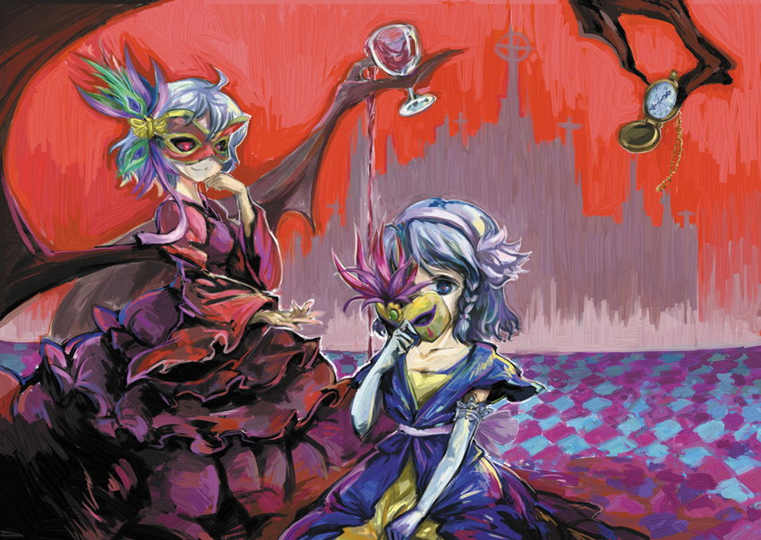 bat_wings blue_eyes braid izayoi_sakuya mask multiple_girls red_eyes remilia_scarlet rotan short_hair silver_hair touhou twin_braids wings