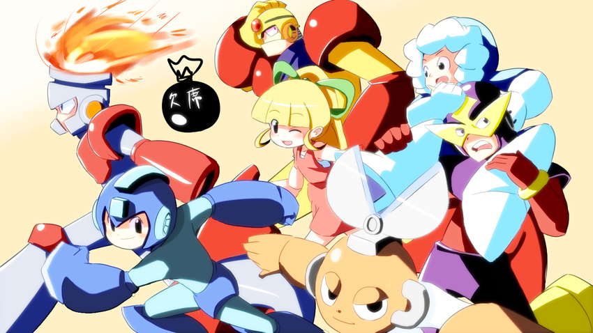 6+boys android bad_id bad_pixiv_id beige_background bomb braid cup cutman elecman fire fireman flame gutsman highres holding iceman looking_at_viewer multiple_boys popporunga robot rockman rockman_(character) rockman_(classic) roll single_braid torch