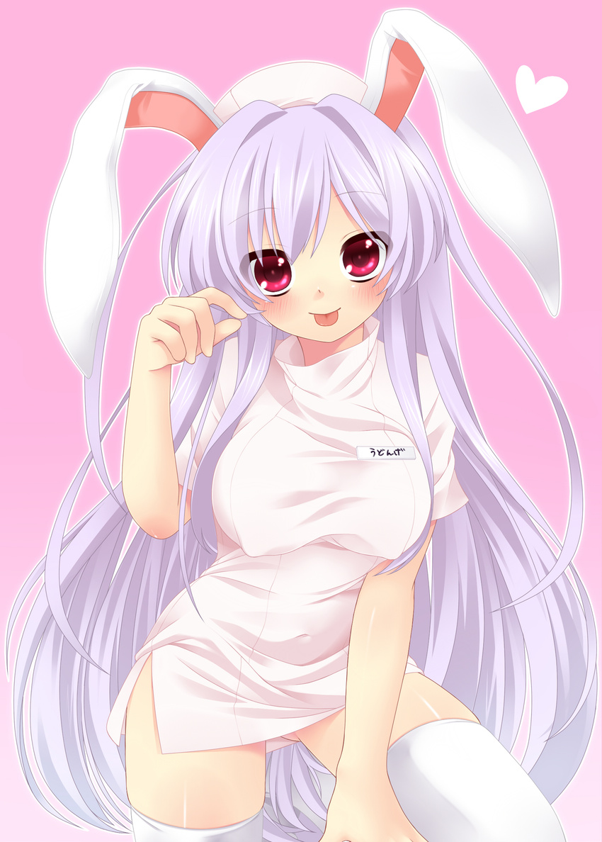 :p animal_ears bad_id bad_pixiv_id blush breasts bunny_ears etou_(cherry7) hat highres large_breasts licking long_hair nurse nurse_cap purple_hair red_eyes reisen_udongein_inaba solo thermometer thighhighs tongue tongue_out touhou very_long_hair white_legwear