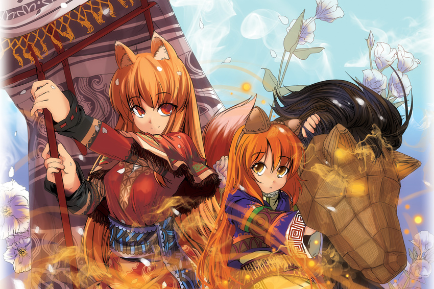 animal_ears belt brown_hair character_request festival flower highres holo hoshinokaoru long_hair multiple_girls open_mouth poncho red_eyes smile spice_and_wolf tail wolf_ears wolf_tail yellow_eyes