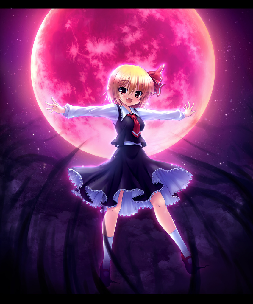 blonde_hair fang full_moon hair_ribbon highres letterboxed moon open_mouth outstretched_arms petticoat red_eyes red_moon ribbon rumia short_hair sky smile solo spread_arms star_(sky) starry_sky takeponi touhou