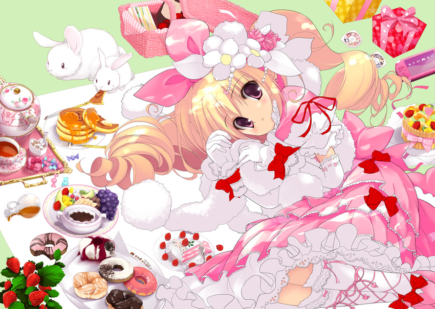 basket blonde_hair bunny cake cross-laced_footwear doughnut drill_hair earrings flower fondue food fruit gift grapes hair_flower hair_ornament handheld_game_console jewelry lolita_fashion looking_at_viewer lying on_side original pancake pink_eyes pink_flower pink_rose playstation_portable ribbon rose shade strawberry strawberry_blossoms sweets tea tea_set teapot twin_drills twintails work_in_progress yoshiwo