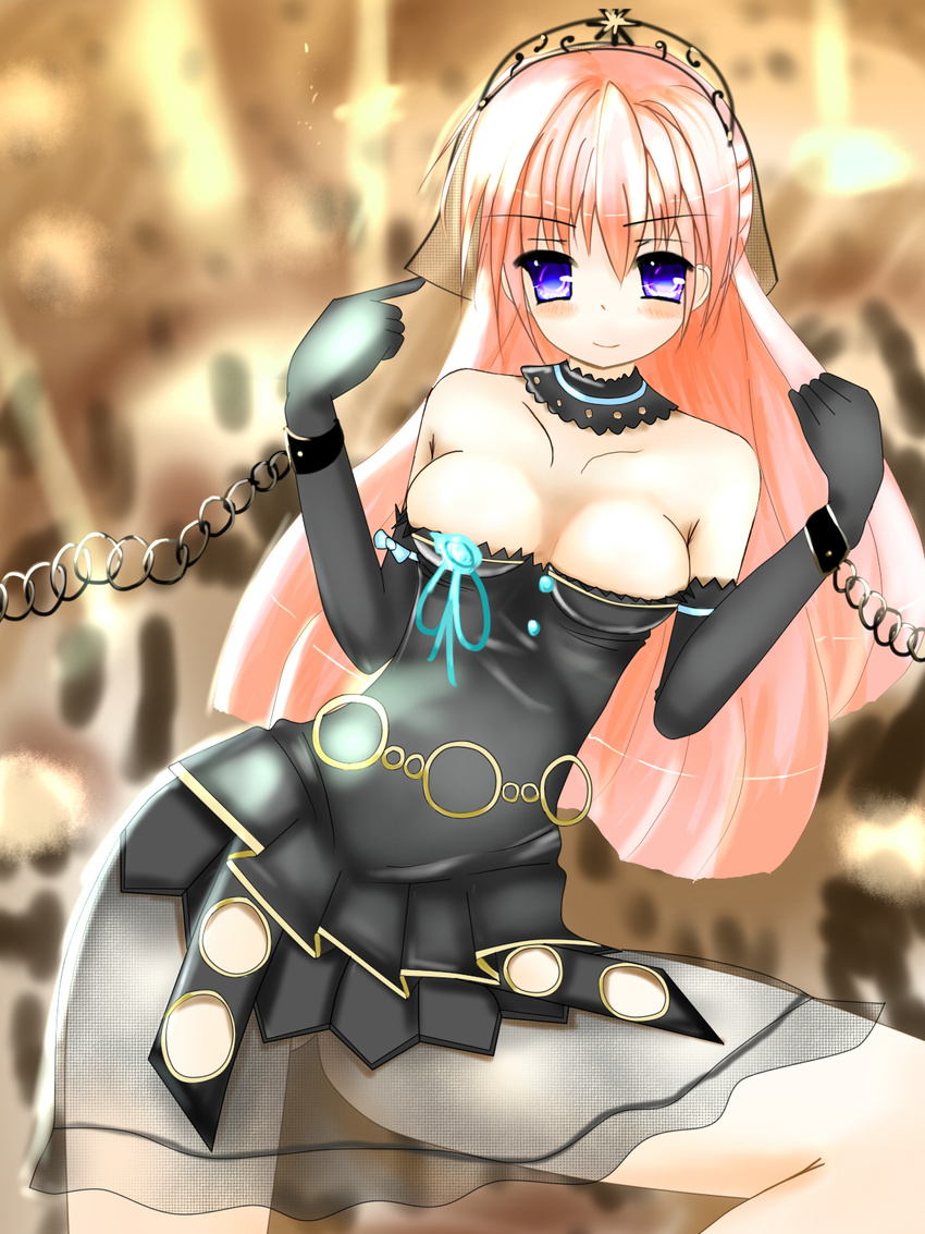 blue_eyes breasts chain choker cuffs elbow_gloves gloves hair_ornament hana_(pangya) highres medium_breasts pangya pink_hair see-through solo tukisimawataru