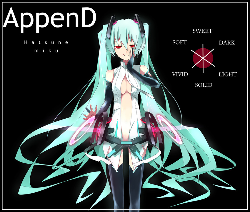 :d aqua_hair bad_id bad_pixiv_id belt bridal_gauntlets character_name elbow_gloves fingerless_gloves gloves hatsune_miku hatsune_miku_(append) long_hair mozuku_doukoukai navel necktie open_mouth red_eyes smile solo twintails very_long_hair vocaloid vocaloid_append