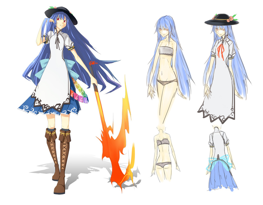 bad_id bad_pixiv_id bad_proportions blue_hair boots bra character_sheet hat hinanawi_tenshi knee_boots kneehighs lingerie long_hair ni_piao_xiancai panties red_eyes sword sword_of_hisou touhou underwear underwear_only weapon