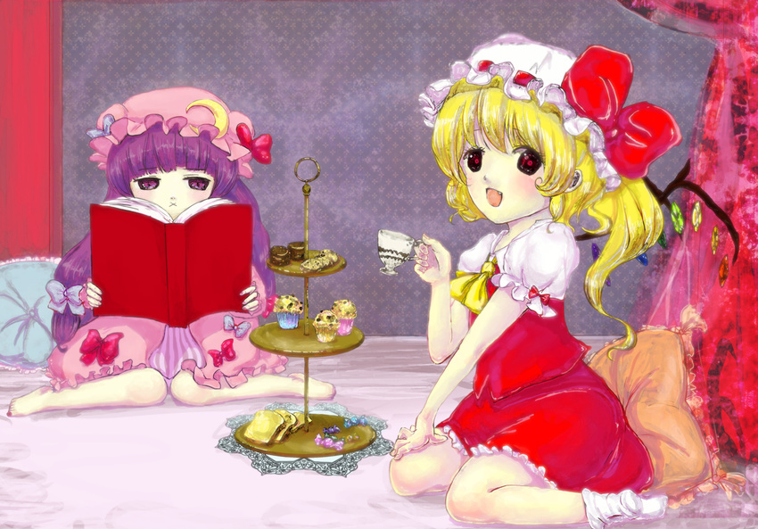 :x bad_id bad_pixiv_id barefoot blonde_hair book crescent cupcake flandre_scarlet food hat iyocan long_hair multiple_girls patchouli_knowledge ponytail purple_eyes purple_hair red_eyes short_hair side_ponytail touhou wings