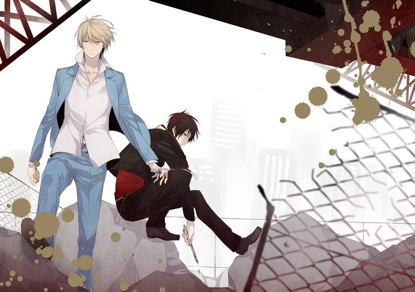 bad_id bad_pixiv_id black_hair blonde_hair durarara!! heiwajima_shizuo male_focus multiple_boys orihara_izaya red_eyes xia_(ryugo)