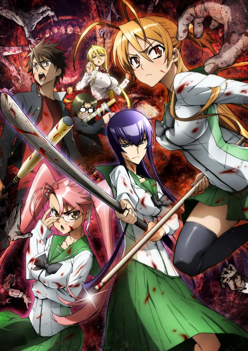 4girls antenna_hair baseball_bat blonde_hair blood breasts brown_eyes brown_hair busujima_saeko glasses highres highschool_of_the_dead hirano_kouta_(hsotd) komuro_takashi large_breasts marikawa_shizuka miyamoto_rei multiple_boys multiple_girls pink_hair purple_hair takagi_saya tanaka_masayoshi thighhighs