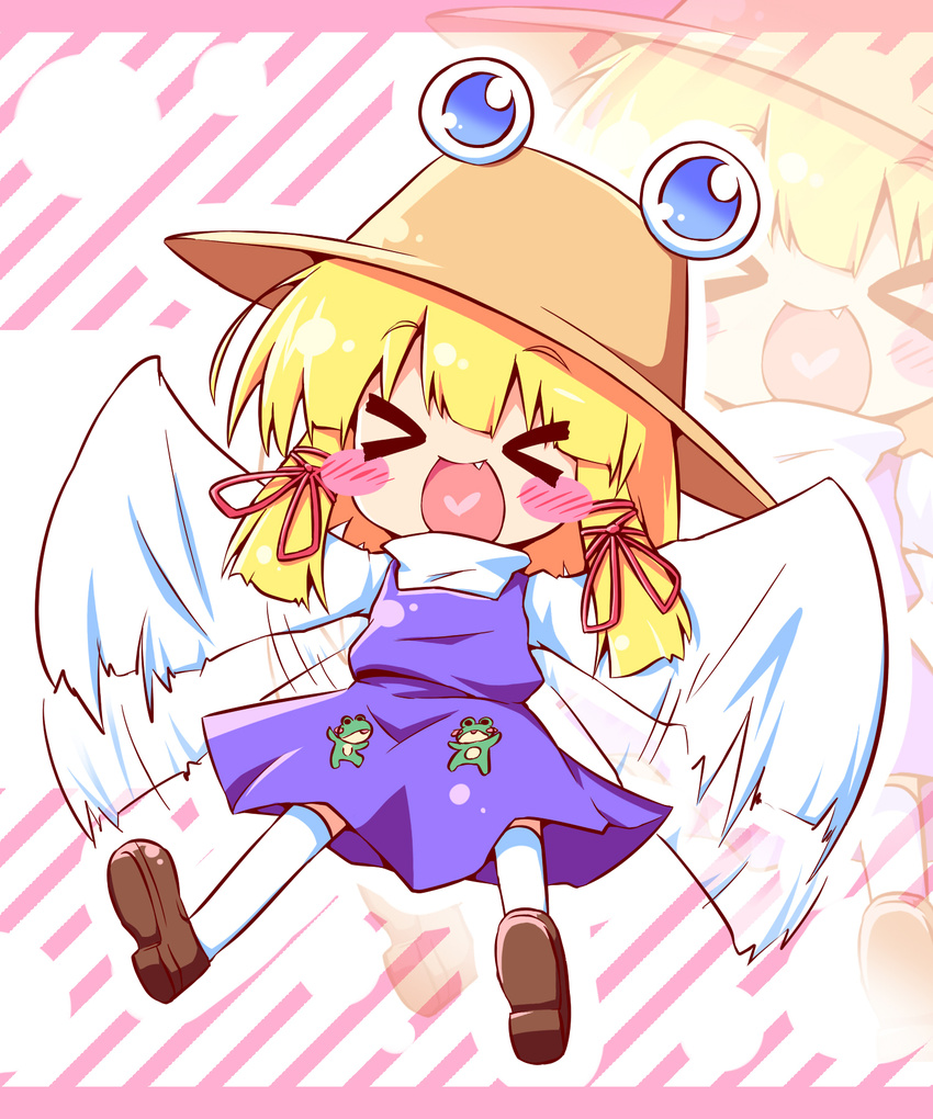 &gt;_&lt; :d ayakashi_(monkeypanch) blonde_hair blue_eyes blush blush_stickers chibi closed_eyes fang flapping frog hat heart heart_in_mouth highres kneehighs moriya_suwako open_mouth ribbon smile socks solo thighhighs touhou wide_sleeves xd zoom_layer