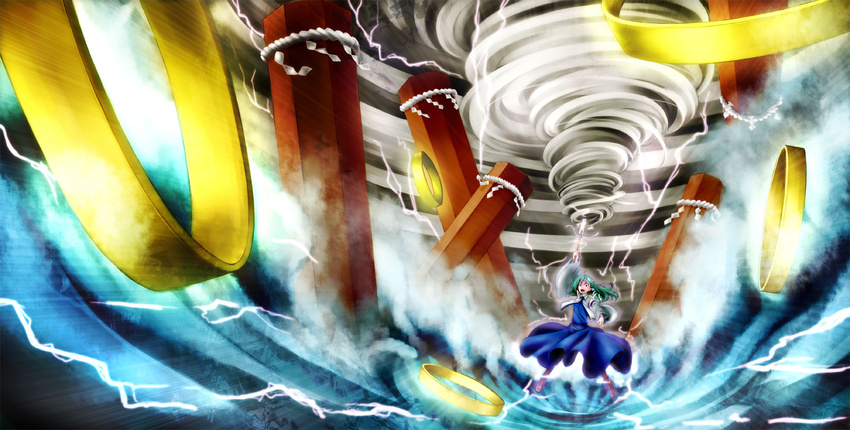 arm_up babato bad_id bad_pixiv_id detached_sleeves frog gohei green_eyes green_hair hair_ornament highres kochiya_sanae lightning long_hair moriya's_iron_rings onbashira rope shide shimenawa solo tornado touhou