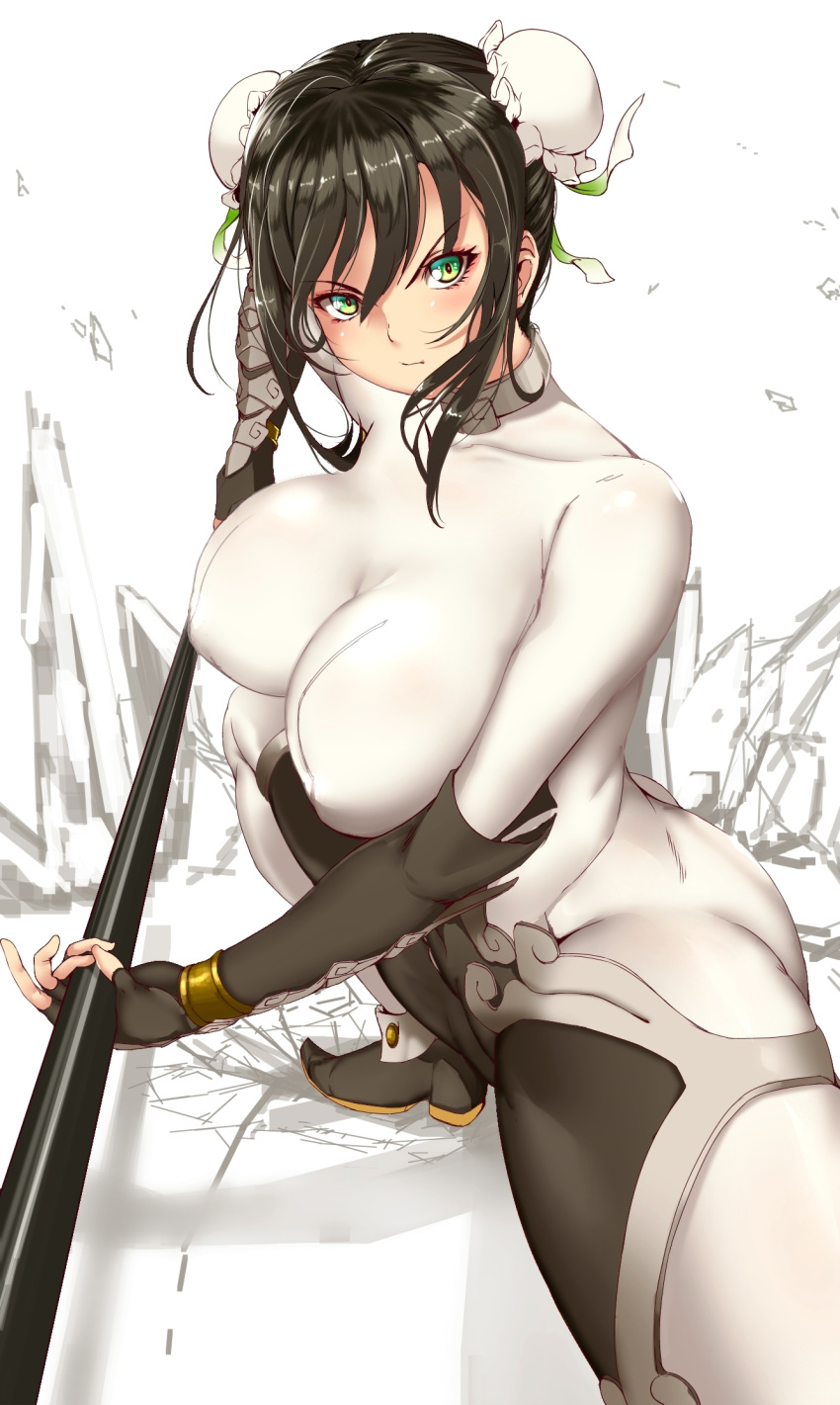 arm_guards bangs black_hair blush bodysuit breasts bun_cover chinese_clothes closed_mouth commentary_request covered_nipples double_bun erect_nipples fate/grand_order fate_(series) fighting_stance fingerless_gloves gloves green_eyes highres holding holding_weapon large_breasts looking_at_viewer pekoneko polearm qin_liangyu_(fate) sidelocks simple_background skin_tight solo spear squatting v-shaped_eyebrows weapon white_background