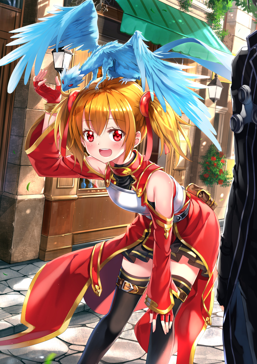 1girl :d bangs black_legwear black_skirt blonde_hair breastplate brown_hair commentary_request creature day dress eyebrows_visible_through_hair hair_between_eyes highres kirito leaning_forward looking_at_viewer open_mouth out_of_frame outdoors pina_(sao) pleated_skirt red_dress red_eyes shop sidelocks silica skirt smile solo_focus sword_art_online swordsouls teeth thighhighs twintails