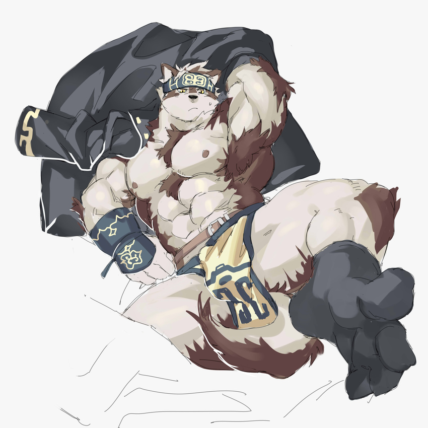 2017 abs anthro biceps canine clothing digital_media_(artwork) dubudubudubudub fur headband hi_res horkeukamui kemono loincloth male mammal multicolored_fur muscular muscular_male nipples pecs simple_background solo tokyo_afterschool_summoners white_fur wolf