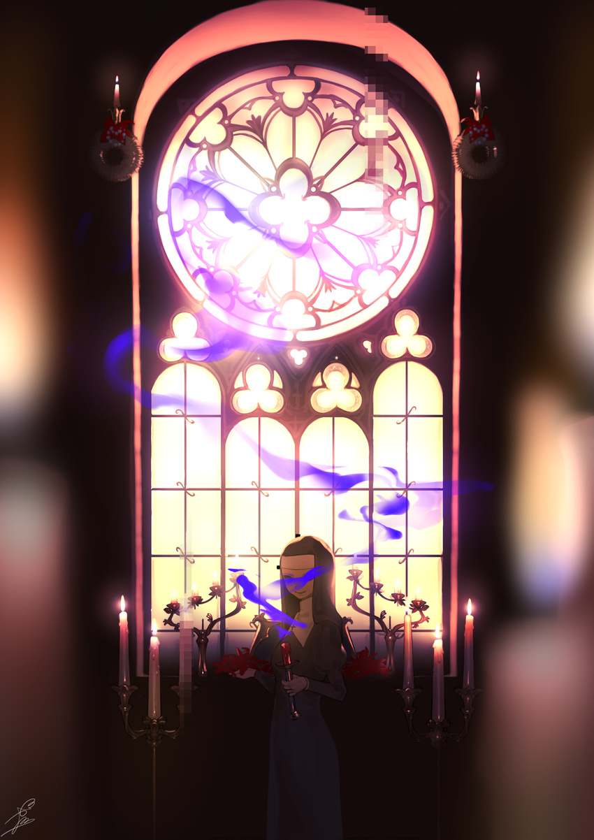 absurdres bad_id bad_pixiv_id candle church dark day from_side habit headdress highres holding incense indoors long_sleeves looking_at_viewer nun ohisashiburi original signature smile smoke solo standing sunlight window
